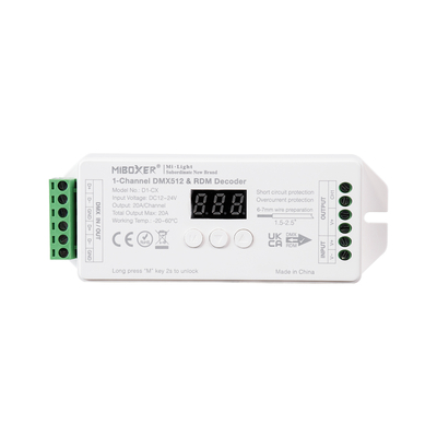 GLOBOSTAR® MiBOXER-D1-CX 71424 DC DMX Master Dimmer / Controller / Decoder Υψηλής Ταχύτητας με 1 x 20A 480W Κανάλι DC 12-24V 20A 480W Max IP20 - DMX512 & RDM - Μ13 x Π5 x Υ2.5cm - 5 Χρόνια Εγγύηση