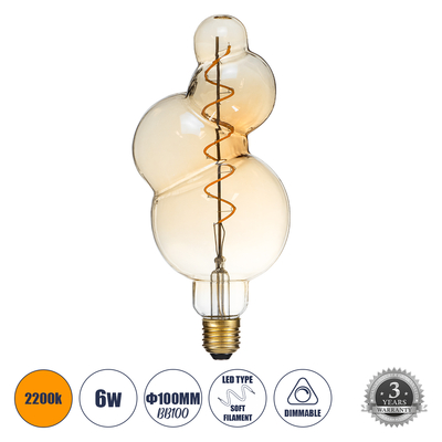 GLOBOSTAR® BUBBLES 99021 Λάμπα E27 BB100 LED 6W 420lm 360° AC 220-240V IP20 Ultra Θερμό Λευκό 2200K Dimmable - Soft S Spiral Filament Chip - Μελί - Μ10 x Π10 x Υ24cm - 3 Χρόνια Εγγύηση