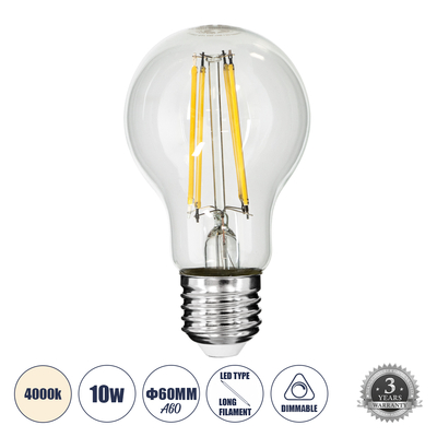 GLOBOSTAR® GLOBE 99053 Λάμπα E27 A60 LED 10W 1100lm 360° AC 220-240V IP20 Φυσικό Λευκό 4500K Dimmable - Long Filament Chip - Διάφανο - Μ6 x Π6 x Υ10.5cm - 3 Χρόνια Εγγύηση