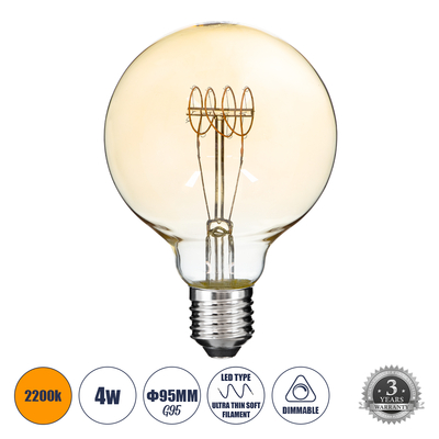 GLOBOSTAR® BUBBLE 99060 Λάμπα E27 G95 LED 4W 280lm 360° AC 220-240V IP20 Ultra Θερμό Λευκό 2200K Dimmable - Ultra Thin Soft Τ Spiral Filament Chip - Μελί - Μ9.5 x Π9.5 x Υ13.5cm - 3 Χρόνια Εγγύηση