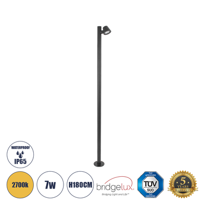 GloboStar® GARDENIA 60510 Φωτιστικό Κήπου - Πάρκου - Πλατείας - Κολωνάκι Αρχιτεκτονικού Φωτισμού Εξωτερικού Χώρου LED 7W 700lm 60° AC220-240V Αδιάβροχο IP65 - Σώμα Αλουμινίου & Tempered Glass - Μ15 x Π18 x Υ180cm - Θερμό Λευκό 2700K - Γκρι Ανθρακί - Bridgelux Chip - 5 Years Warranty