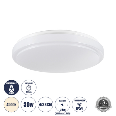 GLOBOSTAR® EMERGANO 60993 Φωτιστικό Πλαφονιέρα Οροφής με Ενσωματωμένο Σύστημα Emergency Li-ion 3450mAh/12.8Wh με Αυτονομία 3hrs LED 30W 2850lm 120° AC 220-240V Αδιάβροχο IP54 Φυσικό Λευκό 4500K - Lumileds SMD Chip - Λευκό Γαλακτερό - Μ38 x Π38 x Υ5.3cm - 3 Χρόνια Εγγύηση