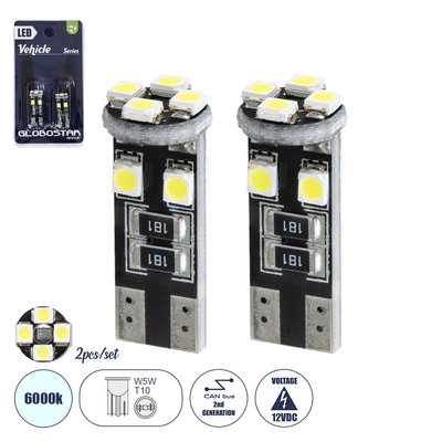 GLOBOSTAR® W5W-T10 81119-B Λάμπα W5W T10 CANbus LED 2W/4W 250lm/500lm 360° DC 12V IP20 Ψυχρό Λευκό 6000K - 8 x Epistar SMD1210 Chip - Μ1 x Π1 x Υ2.5cm - Πακέτο Blister 2 Τεμαχίων - 1 Χρόνο Εγγύηση