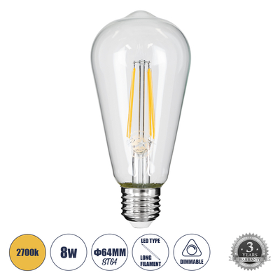 GLOBOSTAR® PEAR 99016 Λάμπα E27 ST64 LED 8W 800lm 360° AC 220-240V IP20 Θερμό Λευκό 2700K Dimmable - Long Filament Chip - Διάφανο - Μ6.4 x Π6.4 x Υ14cm - 3 Χρόνια Εγγύηση
