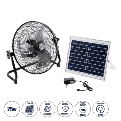 GloboStar® SOLARO-FAN 85352 Solar Fan Αυτόνομος Ηλιακός Επιδαπέδιος Ανεμιστήρας 25W 2 Λειτουργιών Ρεύματος με AC 220-240V ή με Φωτοβολταϊκό Panel 9V 12W & Επαναφορτιζόμενη Μπαταρία Li-ion 7.4V 4400mAh - 12 Ταχύτητες - Ενσωματωμένο USB 2.0 Charger Συσκευών - IP20 - Μ42 x Π20 x Υ35cm - Μαύρο & Ασημί - 2 Years Warranty