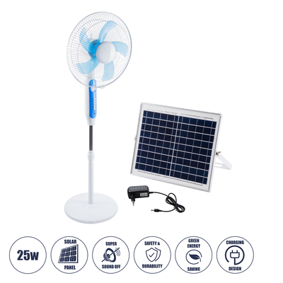 GloboStar® SOLARA-FAN 85355 Solar Fan Αυτόνομος Ηλιακός Επιδαπέδιος Ανεμιστήρας 25W 2 Λειτουργιών Ρεύματος με AC 220-240V ή με Φωτοβολταϊκό Panel 9V 12W & Επαναφορτιζόμενη Μπαταρία Li-ion 7.4V 4400mAh - 3 Ταχύτητες - Ενσωματωμένο USB 2.0 Charger Συσκευών - IP20 - Μ44 x Π37.5 x Υ132cm - Λευκό & Μπλε - 2 Years Warranty