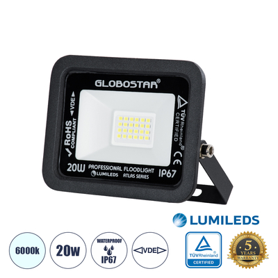 GLOBOSTAR® ATLAS 61410 Προβολέας LED 20W 2500lm 120° AC 220-240V Αδιάβροχο IP67 Ψυχρό Λευκό 6000K - Lumileds SMD Chip - TÜV Rheinland Certified - Μαύρο Ματ - Μ12 x Π2.5 x Υ9.5cm - 5 Χρόνια Εγγύηση