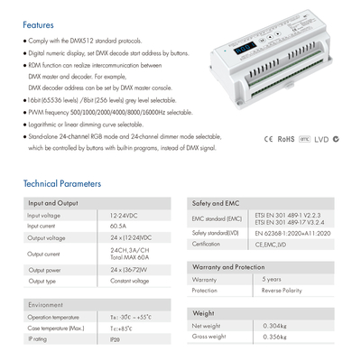 GloboStar® 71450 D24 SKYDANCE DC DMX & RDM Dimmer Din Rail Ράγας High Speed Controller / Decoder 24 Καναλιών DC 12-24V 24 x 3A 72W - Max 72.5A 1740W - IP20 Μ16 x Π9 x Υ6cm - 5 Years Warranty