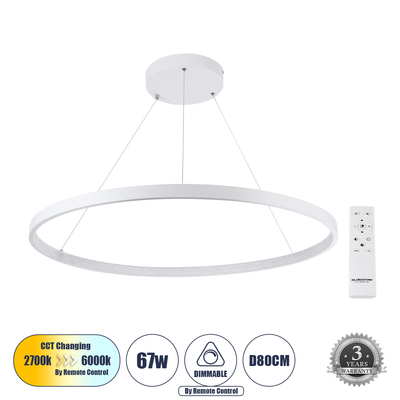 GLOBOSTAR® DIAMOND 61521 Μοντέρνο Κρεμαστό Φωτιστικό Οροφής LED 67W 7504lm 360° AC 220-240V IP20 Ρυθμιζόμενο Λευκό CCT με Χειριστήριο από 2700K έως 6000K Dimmable - Lumileds SMD Chip - Λευκό Ματ - Μ80 x Π80 x Υ110cm - 3 Χρόνια Εγγύηση