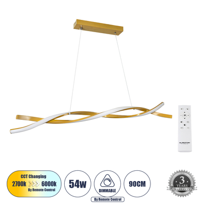 GLOBOSTAR® MORALES 61278 Μοντέρνο Κρεμαστό Φωτιστικό Οροφής LED 54W 6048lm 300° AC 220-240V IP20 Ρυθμιζόμενο Λευκό CCT με Χειριστήριο από 2700K έως 6000K Dimmable - Lumileds SMD Chip - Χρυσό Βούρτσας - Μ90 x Π14 x Υ14cm - 3 Χρόνια Εγγύηση