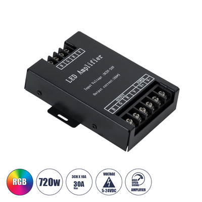 GLOBOSTAR® RGBAMPLIFIER 73393 DC Ενισχυτής Ισχύος & Σήματος Υψηλής Ταχύτητας με 3 x 10A 240W Κανάλια DC 12-24V 30A 720W Max IP20 - Μ11 x Π9 x Υ2.5cm - 2 Χρόνια Εγγύηση