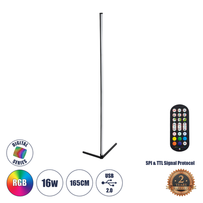 GLOBOSTAR® DIGICOLUMN 90763 Μοντέρνο Επιδαπέδιο Γραμμικό Ψηφιακό Φωτιστικό Digital Pixel Symphony Bar με RF Ασύρματο Χειριστήριο LED 16W 1280lm 180° DC 5V με USB 2.0 IP20 Πολύχρωμο RGB Dimmable - Μαύρο - Φ3 x Υ165cm - 2 Χρόνια Εγγύηση