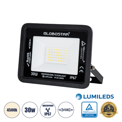 GLOBOSTAR® ATLAS 61417 Προβολέας LED 30W 3600lm 120° AC 220-240V Αδιάβροχο IP67 Φυσικό Λευκό 4500K - Lumileds SMD Chip - TÜV Rheinland Certified - Μαύρο Ματ - Μ16 x Π2.5 x Υ12.5cm - 5 Χρόνια Εγγύηση