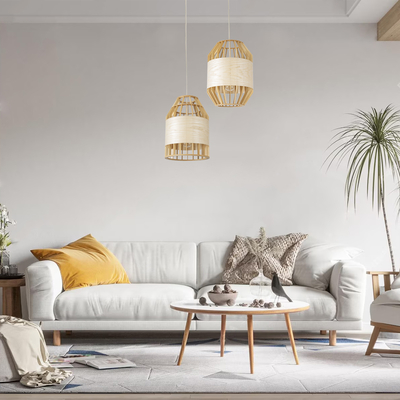 GLOBOSTAR® GALIA 02219 Boho Κρεμαστό Φωτιστικό Οροφής με Ντουί 1 x E27 AC 220-240V IP20 - Μπεζ & Καφέ - Μ30 x Π30 x Υ40cm