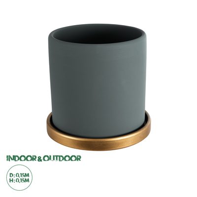 GloboStar® Artificial Garden NAPOLI 20494 Διακοσμητικό Κεραμικό Κασπώ Γλάστρα - Flower Pot Γκρι Πράσινο με Χρυσό Φ15 x Υ15cm