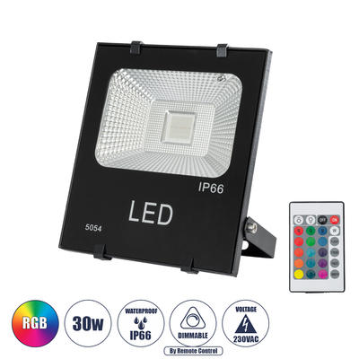 GLOBOSTAR® RGBFLOOD 75601 Προβολέας με IR Ασύρματο Χειριστήριο LED 30W 1950lm 120° AC 220-240V Αδιάβροχο IP66 Πολύχρωμο RGB Dimmable - Μαύρο Ματ - Μ17 x Π4.5 x Υ20cm - 2 Χρόνια Εγγύηση