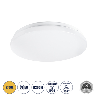 GLOBOSTAR® CELANO 61007 Φωτιστικό Πλαφονιέρα Οροφής LED 20W 1800lm 120° AC 220-240V Αδιάβροχο IP54 Θερμό Λευκό 2700K - Lumileds SMD Chip - Λευκό Γαλακτερό - Μ26 x Π26 x Υ6cm - 3 Χρόνια Εγγύηση