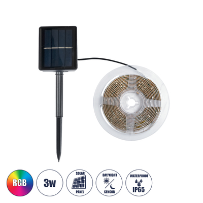 GloboStar® SOLAR LEDSTRIP 70421 Αυτόνομο Ηλιακό Σετ Ταινία LED 3m 3W/3m 90LED 2835 SMD 30lm/m 120° με Ενσωματωμένα Προγράμματα Λειτουργίας - Αδιάβροχο IP65 - RGB - Μ300 x Π0.8 x Υ0.3cm - 2 Χρόνια Εγγύηση