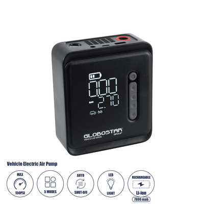GloboStar® 81490 Φορητή Επαναφορτιζόμενη Ψηφιακή Τρόμπα - Κομπρέσορας Αέρος Αυτοκινήτου & Μοτοσυκλέτας - με Οθόνη LCD & Ενσωματωμένη Επαναφορτιζόμενη Μπαταρία Λιθίου 7800 mAh - Πίεση Αέρος Max 150 PSI - 5 Προγράμματα - Φακό LED - Power Bank με έξοδο USB 2.0 - Φορτιστή Αυτοκινήτου - Μ11.5 x Π5 x Υ13cm - 3 Χρόνια Εγγύηση