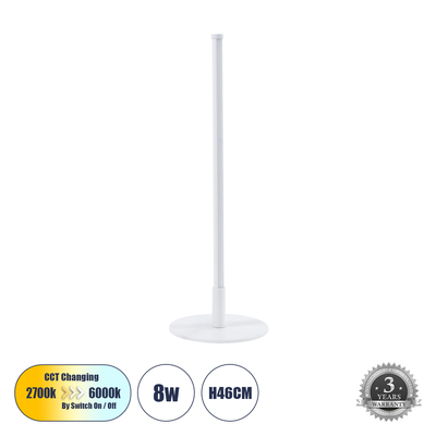 GloboStar® DALUMA 60468 Επιτραπέζιο Φωτιστικό LED CCT 8W 880lm 200° AC 220-240V - All In One Ψυχρό 6000k+Φυσικό 4500k+Θερμό 2700k Μ15 x Π15 x Υ46cm - Λευκό - 3 Χρόνια Εγγύηση