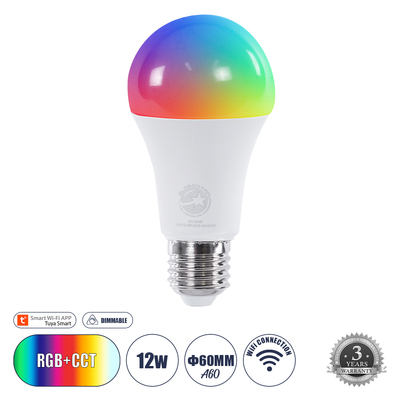 GLOBOSTAR® SMARTME 60490 Λάμπα E27 A60 Smart Home WiFi με Λειτουργία μέσω Tuya APP LED 12W 1200lm 260° AC 220-240V IP20 Πολύχρωμο RGBW+WW Dimmable - Bridgelux Chip - Μ6 x Π6 x Υ12cm - 3 Χρόνια Εγγύηση