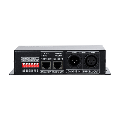GLOBOSTAR® RGBCONTROLLER 73490 DC DMX Master Dimmer / Controller / Decoder Υψηλής Ταχύτητας με 3 x 8A 192W Κανάλια DC 12-24V 24A 576W Max IP20 - DMX512 & RDM - Μ16 x Π9 x Υ6cm - 2 Χρόνια Εγγύηση