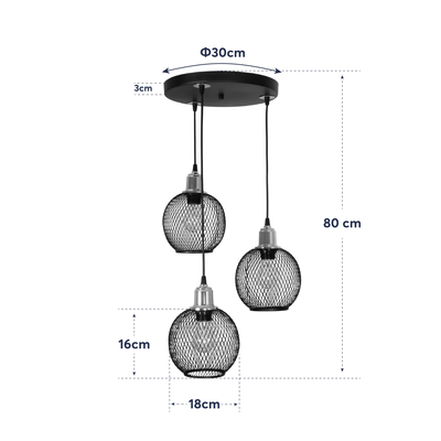 GLOBOSTAR® VIVIDUS 201-0020 Vintage Κρεμαστό Φωτιστικό Οροφής με Ντουί 3 x E27 AC 220-240V IP20 - Μαύρο & Χρυσό - Μ40 x Π40 x Υ60cm