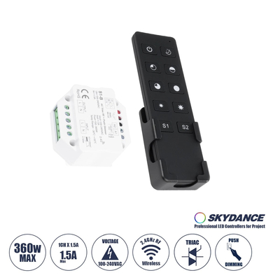 GloboStar® 73125 S1-B+R1 SKYDANCE ΣΕΤ Dimmer & Ασύρματο Χειριστήριο Αφής 1 Group RF 2.4Ghz 1.5A Max AC100-240V (360W) - DC 3V IP20 - 5 Χρόνια Εγγύηση