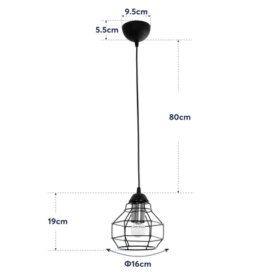 GLOBOSTAR® BUR 204-0180 Μοντέρνο Κρεμαστό Φωτιστικό Οροφής Μονόφωτο 1 x E27 AC 220-240V IP20 Μαύρο - Μ16 x Π16 x Υ19cm