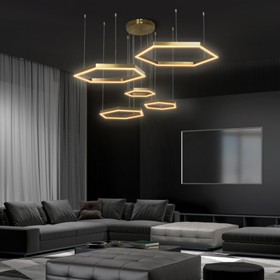 kelvo® LEXAGON 61398 Μοντέρνο Κρεμαστό Φωτιστικό Οροφής LED 120W 12000lm 200° AC 220-240V IP20 Ρυθμιζόμενο Λευκό CCT με Χειριστήριο από 2700K έως 6000K Dimmable - Lumileds SMD Chip - Χρυσό Βούρτσας - Μ110 x Π90 x Υ110cm - 3 Χρόνια Εγγύηση