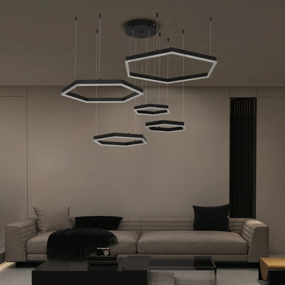 kelvo® LEXAGON 61397 Μοντέρνο Κρεμαστό Φωτιστικό Οροφής LED 120W 12000lm 200° AC 220-240V IP20 Ρυθμιζόμενο Λευκό CCT με Χειριστήριο από 2700K έως 6000K Dimmable - Lumileds SMD Chip - Μαύρο - Μ110 x Π90 x Υ110cm - 3 Χρόνια Εγγύηση