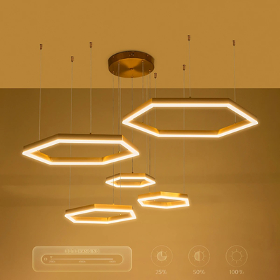 kelvo® LEXAGON 61398 Μοντέρνο Κρεμαστό Φωτιστικό Οροφής LED 120W 12000lm 200° AC 220-240V IP20 Ρυθμιζόμενο Λευκό CCT με Χειριστήριο από 2700K έως 6000K Dimmable - Lumileds SMD Chip - Χρυσό Βούρτσας - Μ110 x Π90 x Υ110cm - 3 Χρόνια Εγγύηση