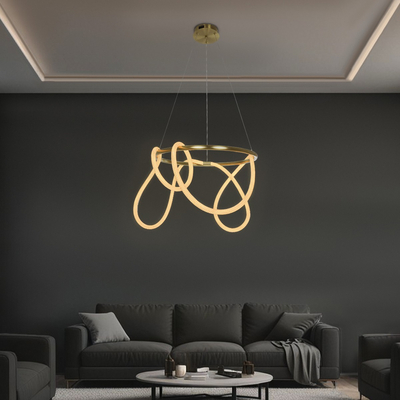 kelvo® GLOW 61659 Μοντέρνο Κρεμαστό Φωτιστικό Οροφής LED 58W 5800lm 360° AC 220-240V IP20 Ρυθμιζόμενο Λευκό CCT με Χειριστήριο από 2700K έως 6000K Dimmable - Lumileds SMD Chip - Χρυσό Πλατίνα & Λευκό Νήμα - Μ80 x Π80 x Υ40cm - 3 Χρόνια Εγγύηση