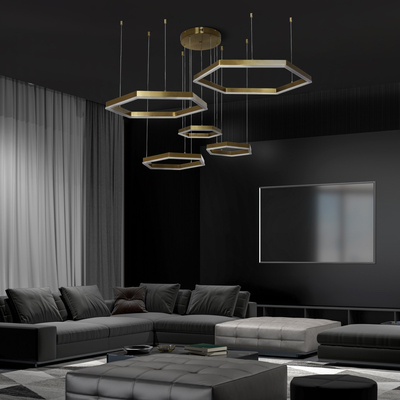 kelvo® LEXAGON 61398 Μοντέρνο Κρεμαστό Φωτιστικό Οροφής LED 120W 12000lm 200° AC 220-240V IP20 Ρυθμιζόμενο Λευκό CCT με Χειριστήριο από 2700K έως 6000K Dimmable - Lumileds SMD Chip - Χρυσό Βούρτσας - Μ110 x Π90 x Υ110cm - 3 Χρόνια Εγγύηση