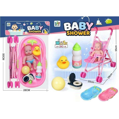 Κούκλα μωρό με σετ μπάνιου και καροτσάκι - 669-702B1 - 215562