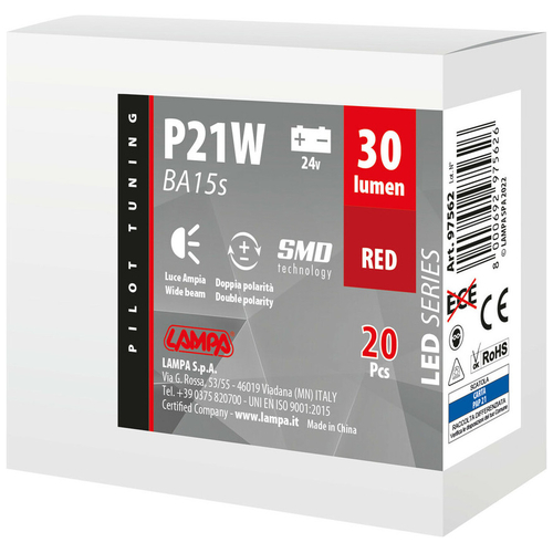 P21W BA15s 24V 4SMDx1CHIP LED 30lm ΚΟΚΚΙΝΟ ΚΟΥΤΙ LAMPA - 20 ΤΕΜ.