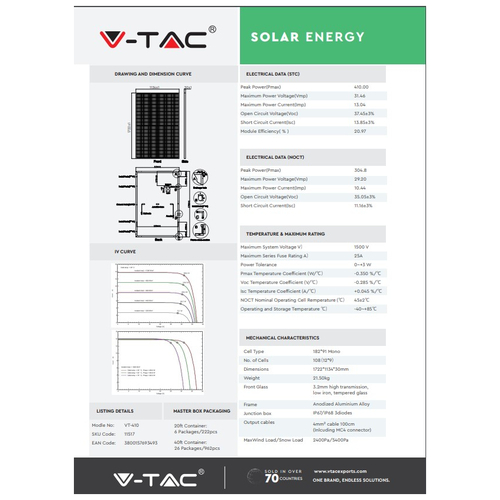 V-TAC 11517 Μονοκρυσταλλικό Φωτοβολταϊκό Πάνελ 410W 1722x1134x30mm