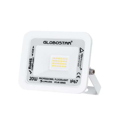 GloboStar® ATLAS 61408 Επαγγελματικός Προβολέας LED 20W 2400lm 120° AC 220-240V - Αδιάβροχος IP67 - Μ12 x Π2.5 x Υ9.5cm - Λευκό - Φυσικό Λευκό 4500K - LUMILEDS Chips - TÜV Rheinland Certified - 5 Years Warranty