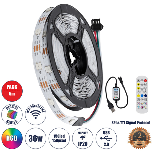 GloboStar® DIGISTRIP 90758 Set Digital Pixel Addressable Strip - Σετ Ψηφιακής Ταινίας 5 Μέτρων με Ψηφιακό Controller & Ασύρματο Χειριστήριο RF & WiFi Mobile APP - LED SMD 5050 36W/5m 150LED/5m 150PIXEL/5m SPI/TTL Protocol 2880lm/m 120° DC 5V με USB 2.0 & WiFi Mobile APP IP20 Πολύχρωμα RGB - Dimmable - Λευκό Σώμα - Μ500 x Π1 x Υ0.2cm - Συσκευασία 5 Μέτρων - 2 Χρόνια Εγγύηση