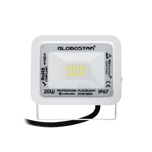 GloboStar® ATLAS 61407 Επαγγελματικός Προβολέας LED 20W 2500lm 120° AC 220-240V - Αδιάβροχος IP67 - Μ12 x Π2.5 x Υ9.5cm - Λευκό - Ψυχρό Λευκό 6000K - LUMILEDS Chips - TÜV Rheinland Certified - 5 Years Warranty