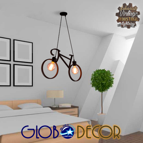 GloboStar® BIKE BLACK 01213 Vintage Κρεμαστό Φωτιστικό Οροφής Δίφωτο 2 x E27 Μαύρο Μεταλλικό Μ67 x Π1.5 x Υ41cm