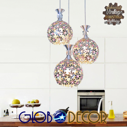 GloboStar® BOUQUET 01248 Μοντέρνο Κρεμαστό Φωτιστικό Οροφής Τρίφωτο 3 x E27 Ασημί Μεταλλικό με Κρύσταλλα Φ50 x 24cm