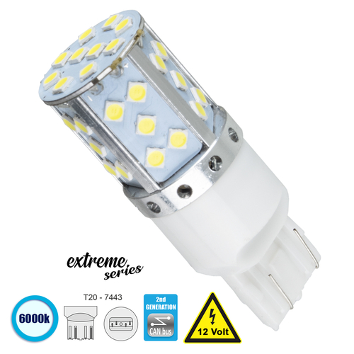 GloboStar® 81155 Λάμπα Αυτοκίνητου T20 - 7443 - W21/5W 2rd Generation Can-Bus Extreme Series LED 35 SMD 3030 17W 2550lm 360° DC 12V IP20 Ψυχρό Λευκό 6000K