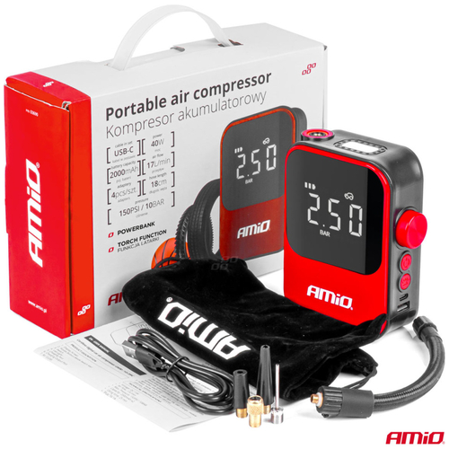 ΚΟΜΠΡΕΣΕΡ ΑΕΡΑ 7,4V 10bar/150psi 40W ΦΟΡΤΙΣΗ ΜΕ USB / ΜΕ 5 ΑΝΤΑΠΤΟΡΕΣ ΚΑΙ ΨΗΦΙΑΚΗ ΕΝΔΕΙΞΗ AMIO - 1 Τεμ.