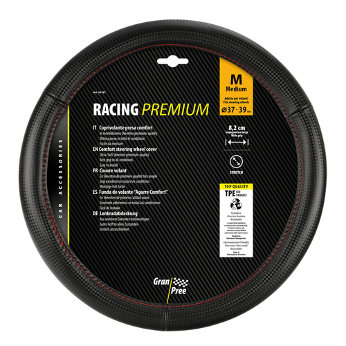 ΚΑΛΥΜΜΑ ΤΙΜΟΝΙΟΥ RACING PREMIUM RED (M) 37-39cm ΣΥΝΘΕΤΙΚΟ ΔΕΡΜΑ SKEENTEX ΜΑΥΡΟ/ΚΟΚΚΙΝΟ/ CARBON LOOK LAMPA - 1 ΤΕΜ.