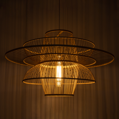 GloboStar® BALI 01758 Boho Κρεμαστό Φωτιστικό Πλέγμα Μονόφωτο 1 x E27 IP20 Μπεζ Ξύλο - Μ100 x Π100 x Υ60cm