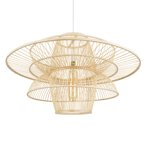 GloboStar® BALI 01758 Boho Κρεμαστό Φωτιστικό Πλέγμα Μονόφωτο 1 x E27 IP20 Μπεζ Ξύλο - Μ100 x Π100 x Υ60cm