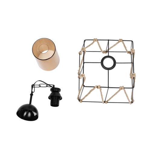 GloboStar® GATSBY 203-0007 Vintage Κρεμαστό Φωτιστικό Σχοινί Μονόφωτο 1 x E27 IP20 Μαύρο Μέταλλο με Μπεζ Σχοινί - Μ25 x Π25 x Υ25cm