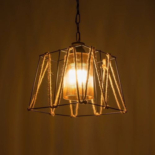 GloboStar® GATSBY 203-0007 Vintage Κρεμαστό Φωτιστικό Σχοινί Μονόφωτο 1 x E27 IP20 Μαύρο Μέταλλο με Μπεζ Σχοινί - Μ25 x Π25 x Υ25cm