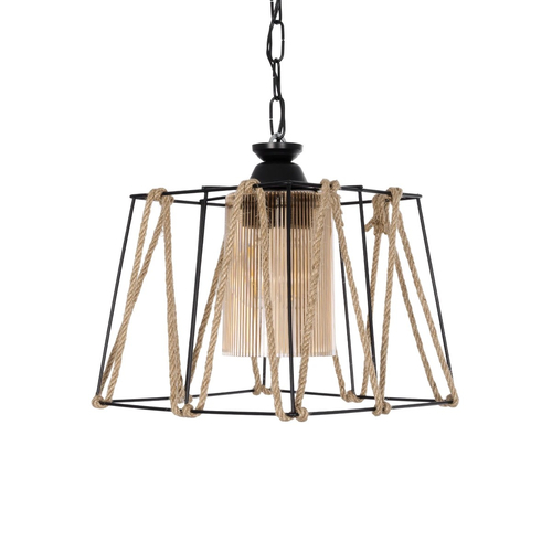 GloboStar® GATSBY 203-0007 Vintage Κρεμαστό Φωτιστικό Σχοινί Μονόφωτο 1 x E27 IP20 Μαύρο Μέταλλο με Μπεζ Σχοινί - Μ25 x Π25 x Υ25cm